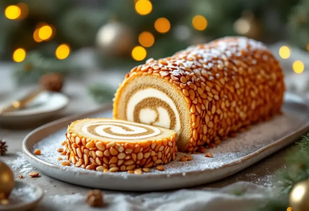 Bûche roulée de Noël façon chef : praliné maison, ganache montée et croustillant d’amandes en robe dorée