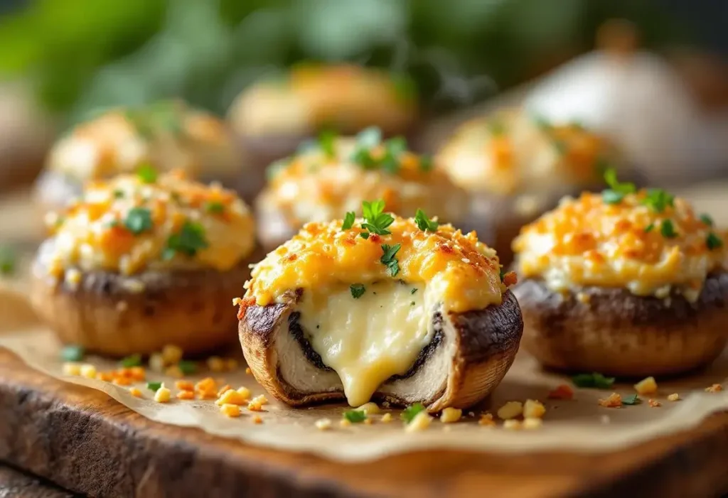 Champignons farcis au four, à l’ail et aux fines herbes : l’apéro chaud, fondant et croustillant