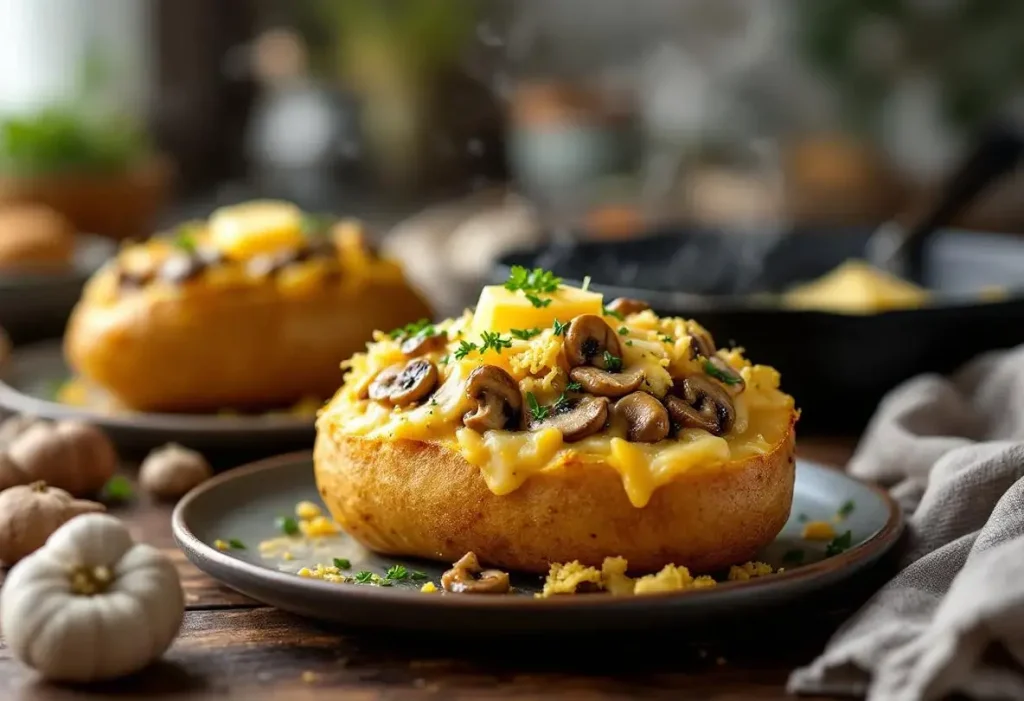 Envie d'un plat ultra doudou pour l’hiver ? Voici les pommes de terre farcies aux champignons, herbes fraîches et fromage !