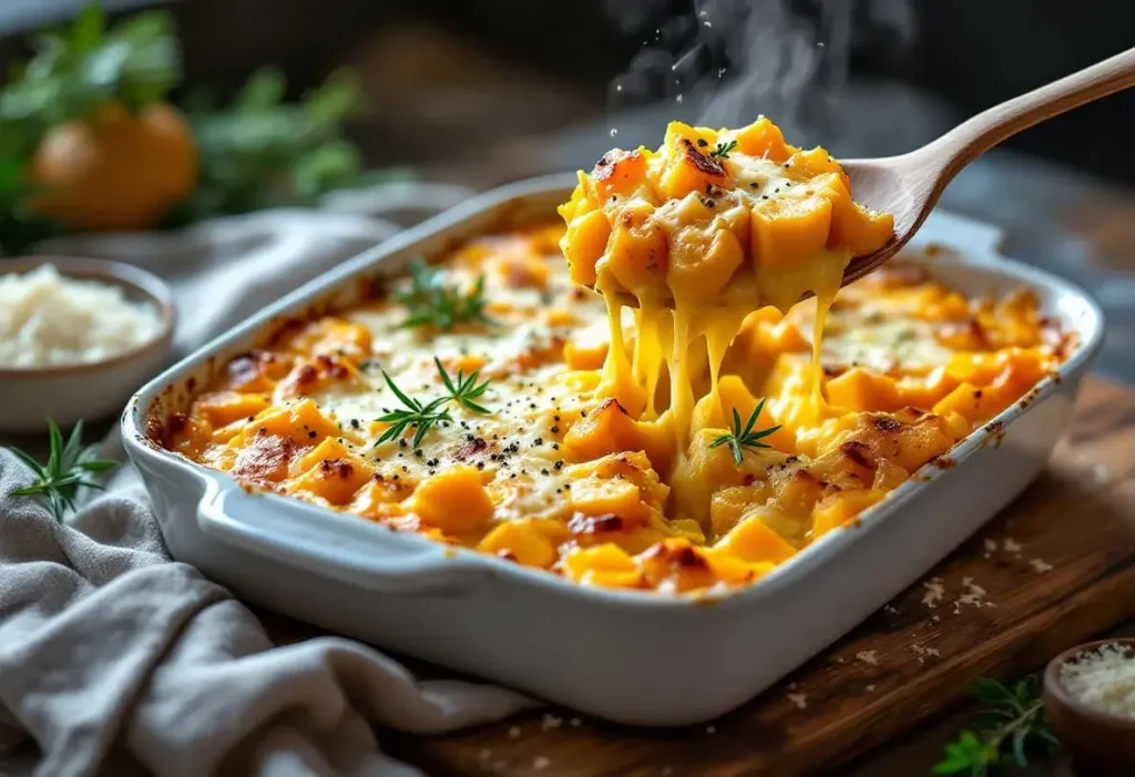 Gratin butternut au fromage frais au four : douceur fondante, herbes fraîches et crème pour réchauffer les soirs d’hiver