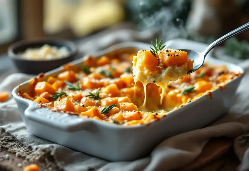 Gratin butternut au fromage frais au four : fondante et gourmande, herbes fraîches et crème pour réchauffer les soirs d'hiver